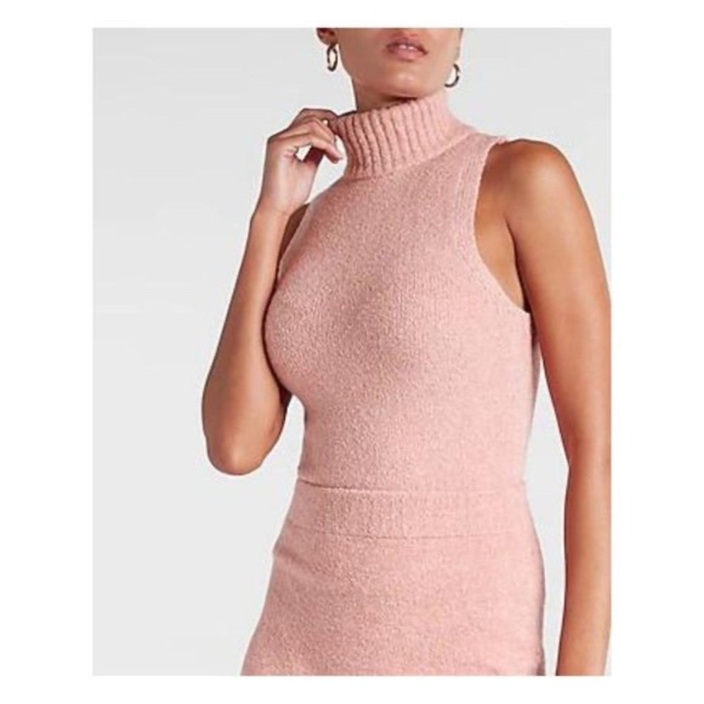 Rose pink fuzzy boucle sleeveless turtleneck sweater
